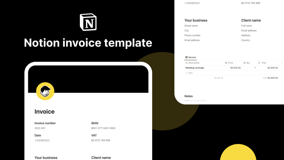 Invoice template | Finance notion templates | Template for business