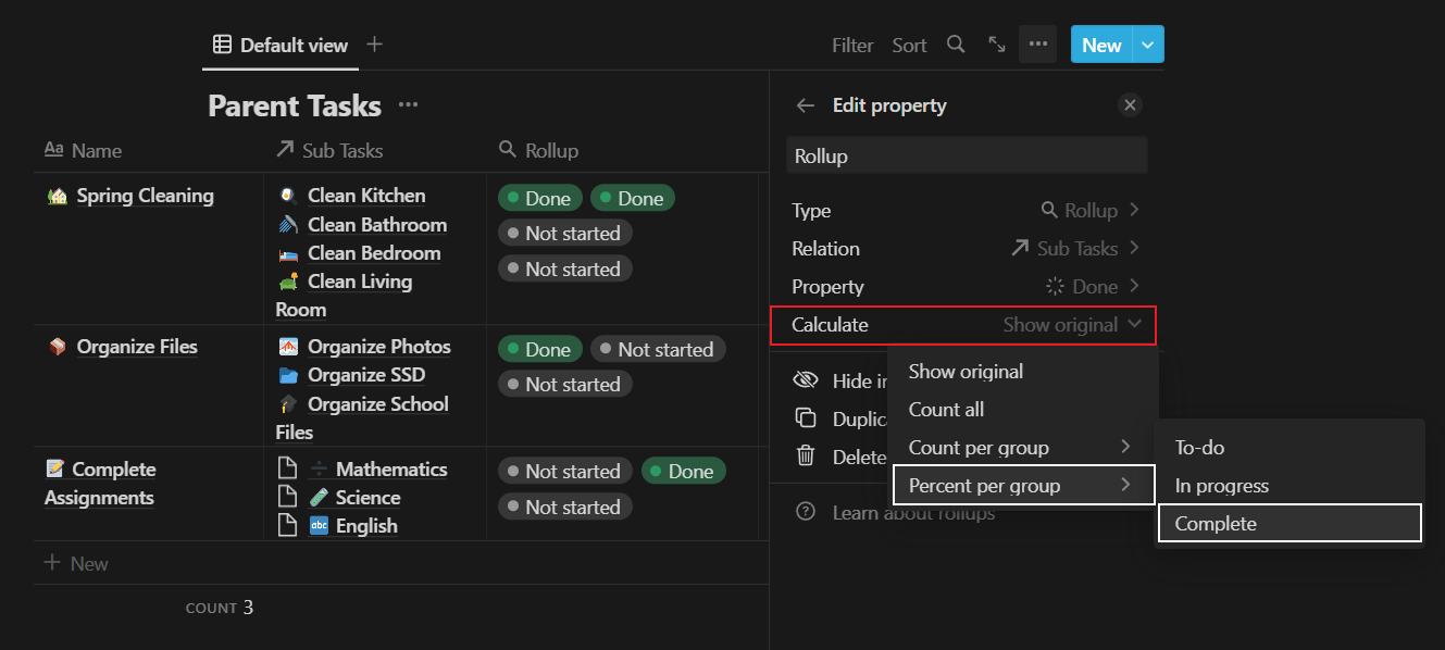 Completed Tasks In Percentage | Notion Databases