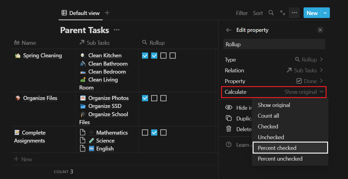 Completed Tasks In Percentage | Notion Databases