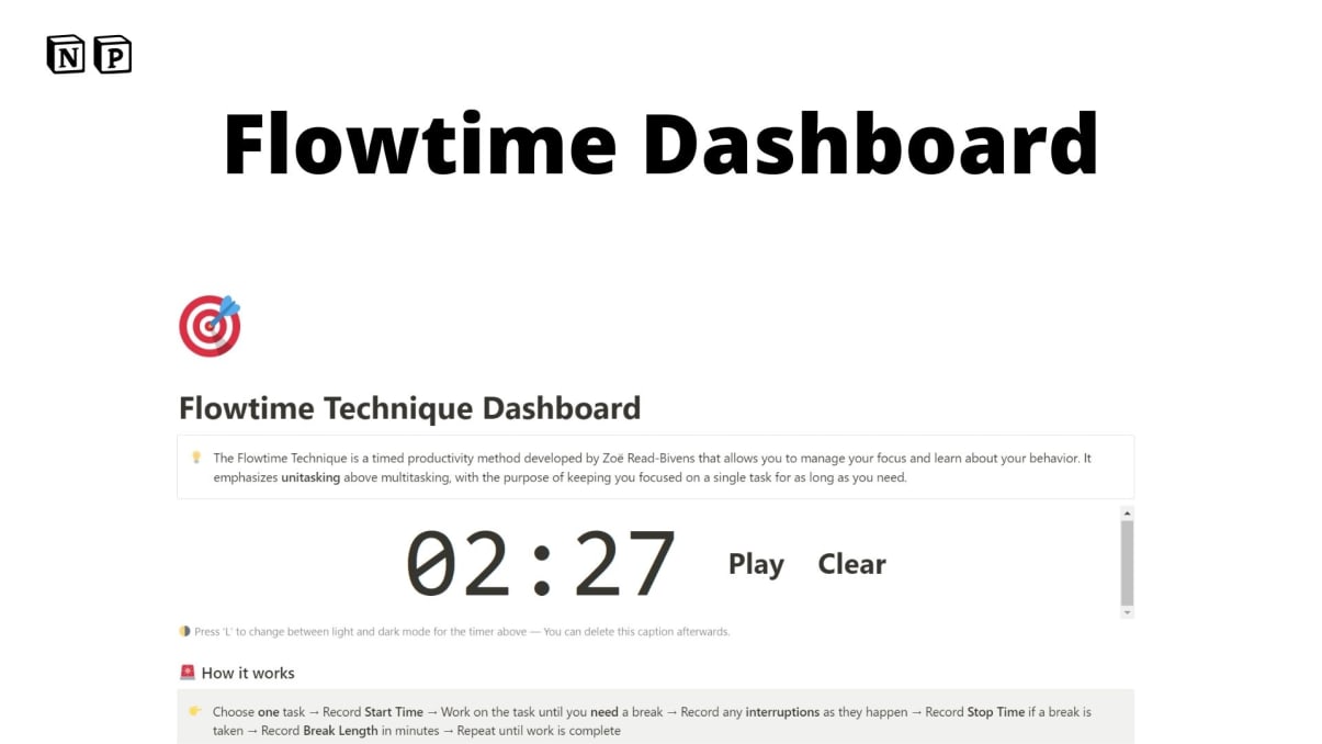 Notion template to be productive | Flowtime technique Dashboard | Productivity template 