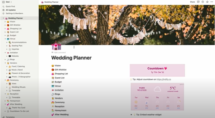 Notion template for planning | Magical notion wedding planner