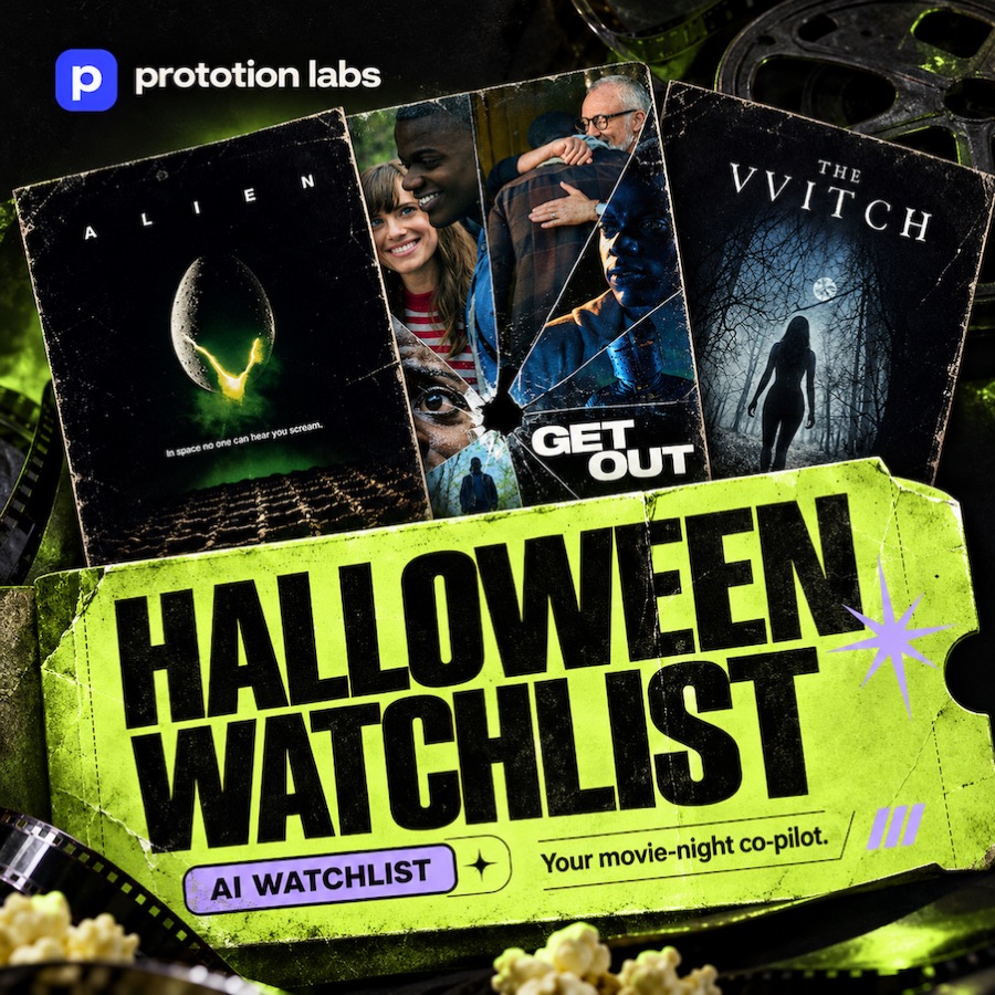 Halloween Watchlist by Prototion Labs: Alien, Get Out and The Witch posters above a lime movie ticket